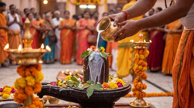Pouring milk as a sacred ritual on a shiva lingam offering inside an Indian temple during worship.