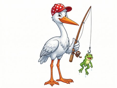 Cartoon stork fishing with a rod. Cute bird character catching a green frog on a hook.