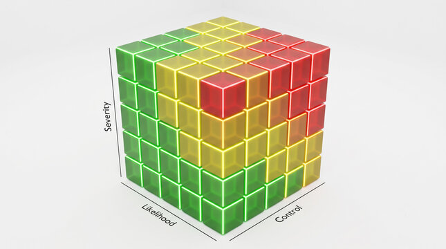 3D risk cube: likelihood, impact, risk scoring, heat map zones, and compliance exposure.
