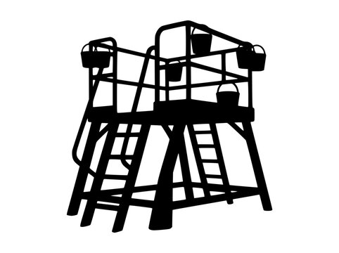 Silhouette of an industrial platform with ladders and hanging buckets