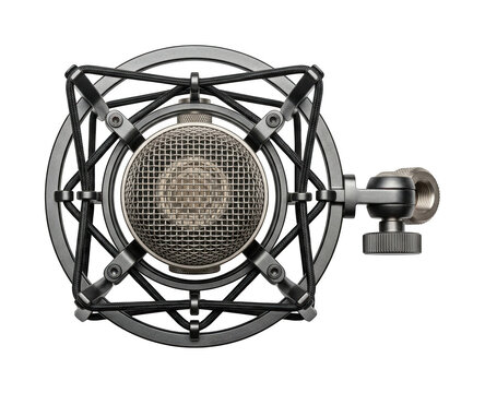 Professional studio microphone png Metallic condenser microphone cutout Detailed recording microphone png Circular vocal mic cutout isolated transparent background image
