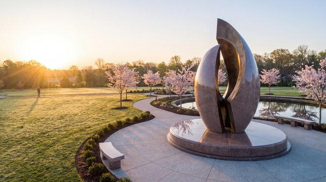 A large modern sculpture stands in a peaceful park at sunrise near a winding pathway and cherry blossom trees.