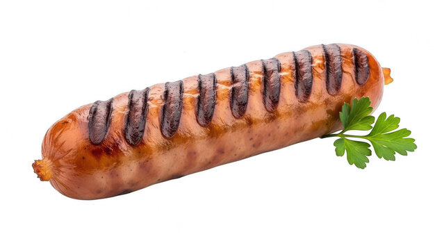 Grilled sausage link with grill marks and parsley garnish isolated