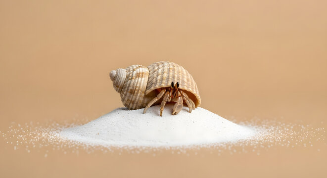 Hermit crab emerging from its shell on a pile of white sand