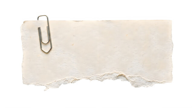 A small piece of torn textured paper with a metal paperclip attached for notes and reminders