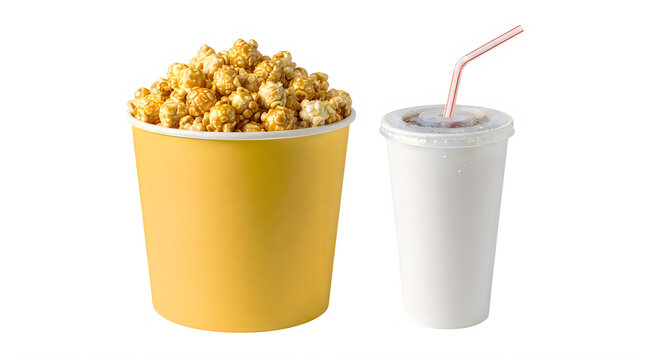 A yellow bucket of fresh popcorn and a cold soda drink with a straw for movie night snacks