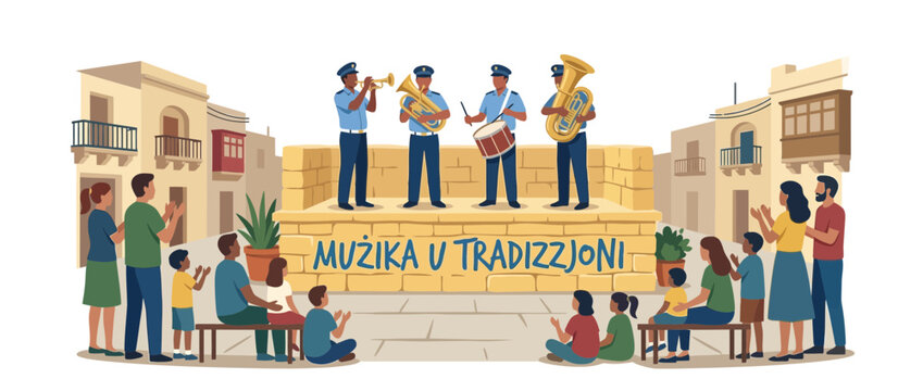 Maltese Traditional Brass Band Performing for an Audience in a Village Square