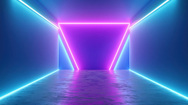 Neon tunnel with glowing pink and blue light lines, futuristic empty room and reflective floor