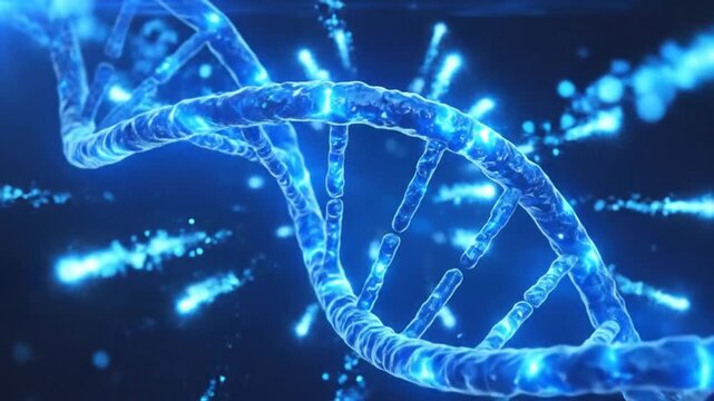 A glowing blue double helix structure floats in dark space