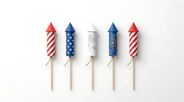 A collection of five colorful decorative firework rockets arranged in a row against a clean white background for fourth of july holiday celebrations