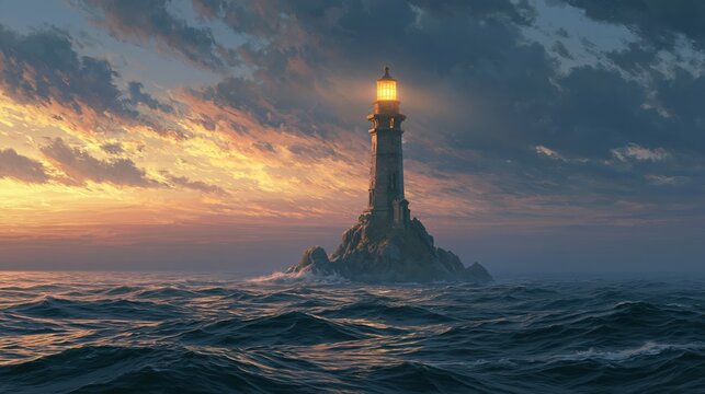 A serene lighthouse stands on a rocky outcrop in the ocean at sunset