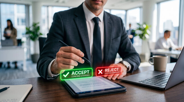 Professional reviewing digital document with accept reject confirmation on tablet in modern office