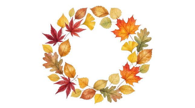 Beautiful autumn leaves wreath with colorful fall foliage elements isolated on transparent background