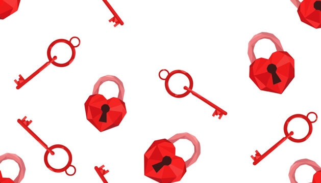 Red heart shaped padlocks and metal keys pattern background