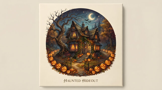 Haunted hideout painting of spooky house with pumpkins and autumn trees.