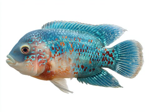 Vibrant Blue And Orange Jack Dempsey Cichlid Fish Isolated On Clean White Background