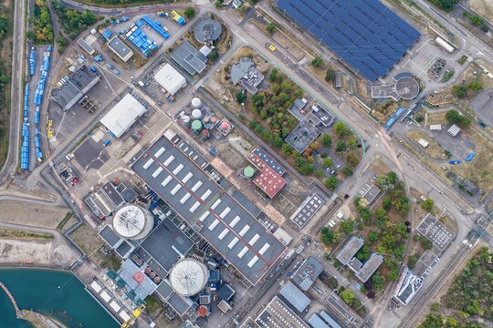 Aerial view of the CNPE de Fessenheim nuclear power plant, showing its reactor buildings, industrial facilities, and surrounding infrastructure in Fessenheim, Grand Est, France.