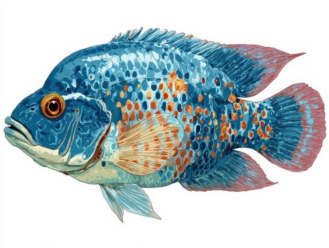 Vibrant Blue And Orange Jack Dempsey Cichlid Fish Isolated On White Background