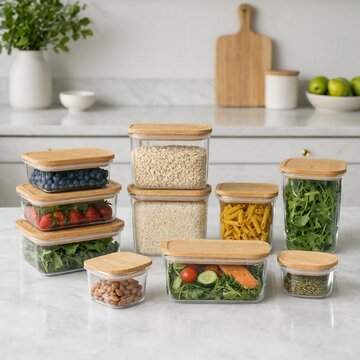 Organic food storage containers with wooden lids filled healthy ingredients