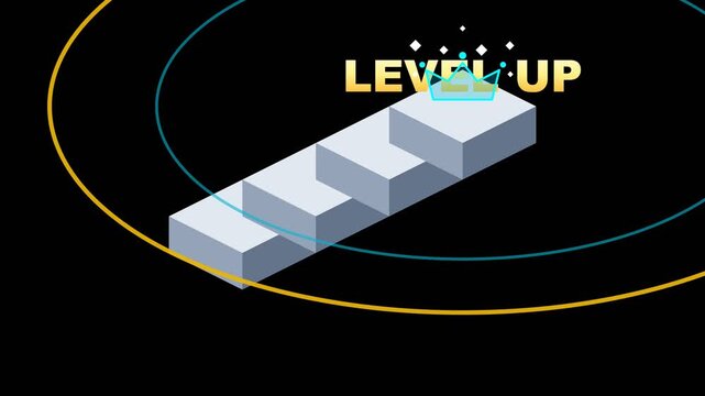 Animated level up text moving over isometric stairs on black background