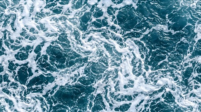 Aerial view of turbulent ocean water with white foam and waves.