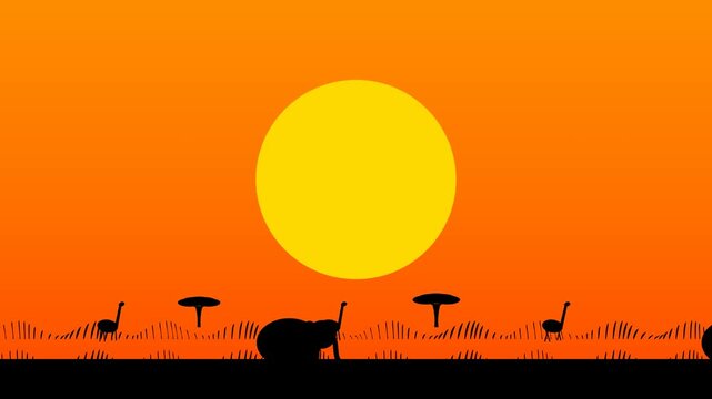 African Savanna Wildlife Silhouette Sunset Illustration