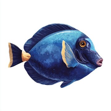 Vibrant Blue Tang Fish Isolated On Pure White Background Featuring Deep Azure Scales And Yellow Tail