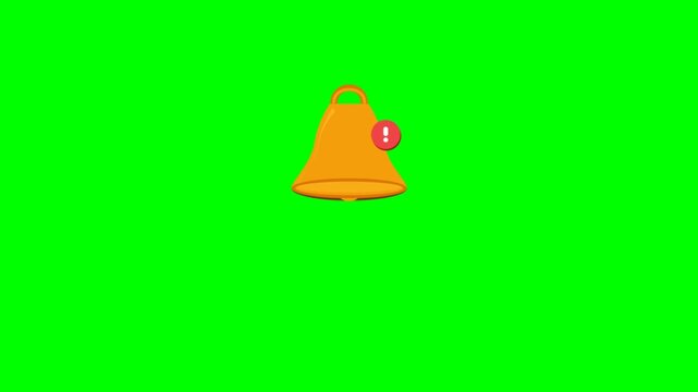 Notification bell icon ringing animation with red exclamation mark alert badge, yellow notification bell motion graphic on chroma key green screen background