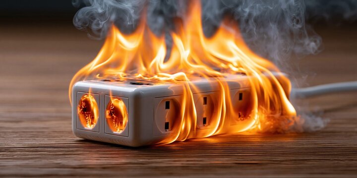 Burning power strip illustrates electrical hazard danger