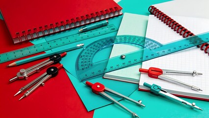 Obraz premium Geometry and drafting tools arranged on red and turquoise paper.