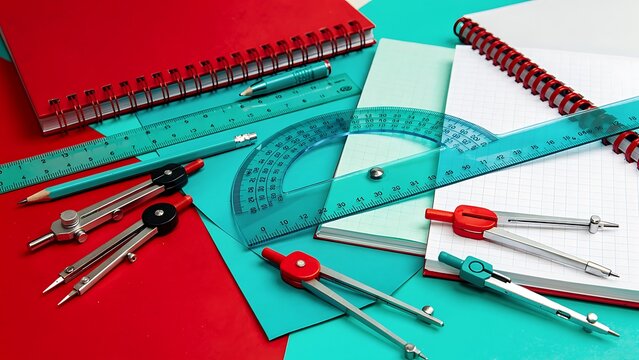 Geometry and drafting tools arranged on red and turquoise paper.