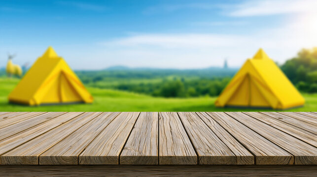 Wooden table camping tent green field blurred background blue sky outdoor scene empty space nature landscape summer camp horizon line
