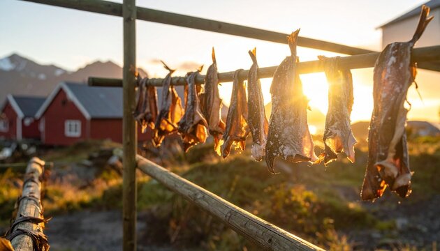 Traditional Cod Fish Drying on Wooden Racks Under the Warm Sunset Light in a Scenic Norwegian Coastal Fishing Village Landscape