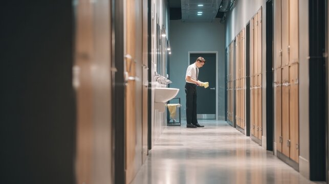 Young man in uniform cleaning a public restroom with a yellow cloth. A diligent cleaner meticulously wipes down surfaces in a modern, well-maintained public restroom facility