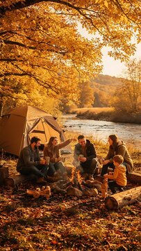 Happy Family Camping Together Near A River During Beautiful Autumn Sunset.