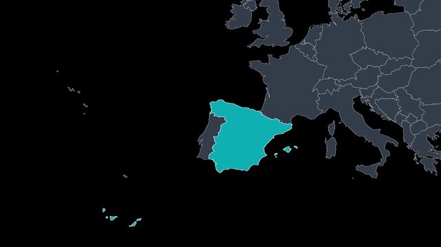 Spain Highlighted on Europe Map Zoom Country Focus, Alpha Channel 4K