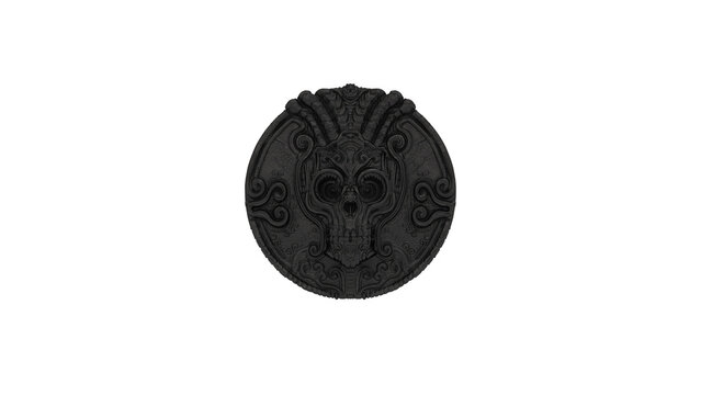 Black Iron Skull Coin Ornate Medallion Detailed Carving Isolated 3D Illustration