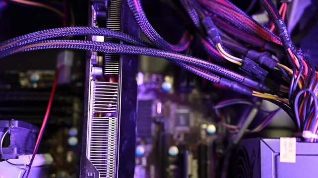 Internal view of custom gaming pc components with glowing rgb lighting and power supply cables.