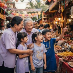 Obraz premium Happy Asian Grandmother and Grandchildren Shopping at Traditional Market.