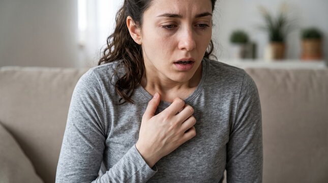 Anxious young woman holding hand on chest breathing heavily experiencing panic attack or respiratory distress