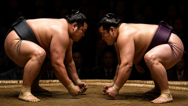 Two sumo wrestlers in traditional stance facing each other on clay ring with dramatic lighting, Japanese sport competition and athletic tradition concept