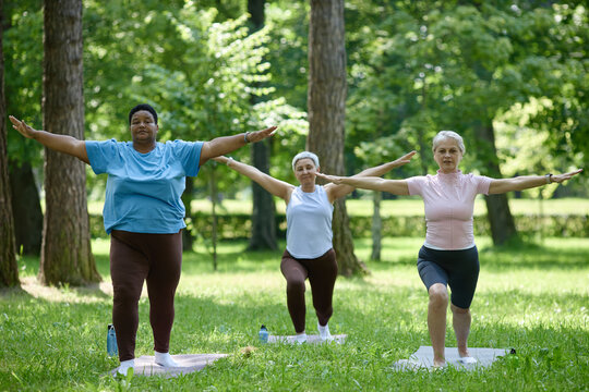 Diverse group of senior and middle aged women practicing yoga in park, representing active lifestyle and wellness. Image suitable for senior healthcare and fitness marketing campaigns