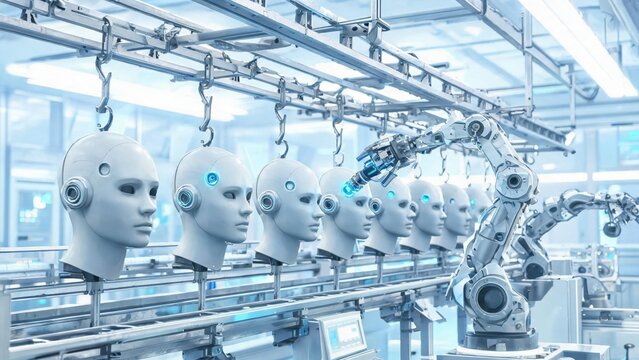 Humanoid Robot Heads Suspended on Automated Assembly Conveyor Line in Futuristic Manufacturing Lab Featuring Industrial Automation, Factory