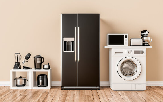 Modern refrigerator and other household appliances near beige wall indoors