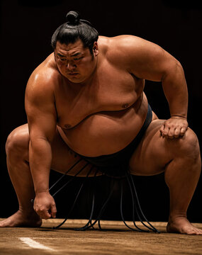 Professional sumo wrestler in traditional loincloth crouching on clay dohyo against black background showcasing power and discipline