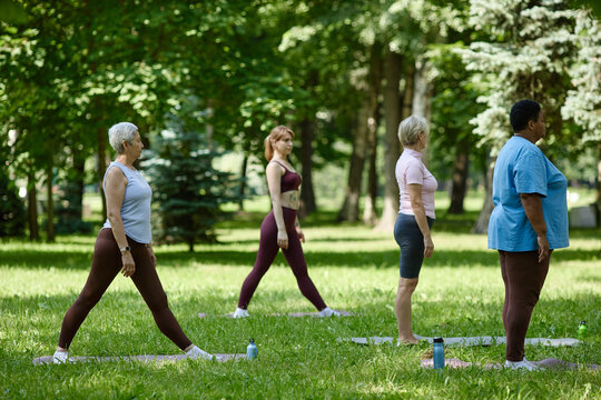 Diverse group of multiethnic women practicing yoga in park, promoting body positivity and active lifestyle. Image suitable for outdoor fitness campaigns and wellness marketing