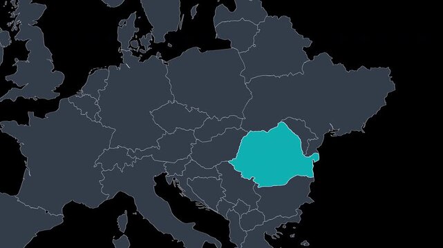 Romania Highlighted on Europe Map Zoom Country Focus, Alpha Channel 4K