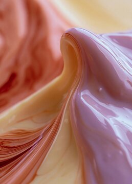 Abstract close-up of a liquid substance. the substance appears to be a combination of pink, orange, and yellow colors.