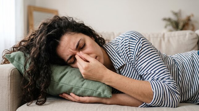 Young woman with curly hair lying on sofa suffering from sinus pain headache migraine exhaustion discomfort