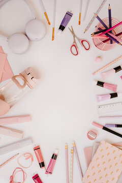 Pink Flat Lay School Stationeries With Circular Copy Space